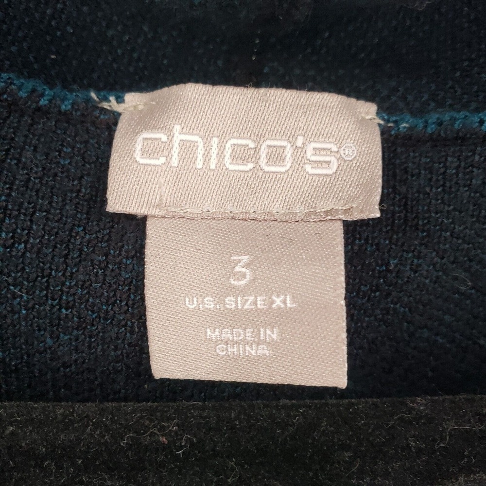 Chico's Scroll Print Sweater Cardigan Womens XL 3 Black Teal Blue Longline Tunic - Picture 5 of 12